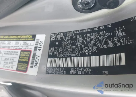 2007 Toyota Sienna Xle z USA, uszkodzony, nr VIN 5TDZK22C97S040735
